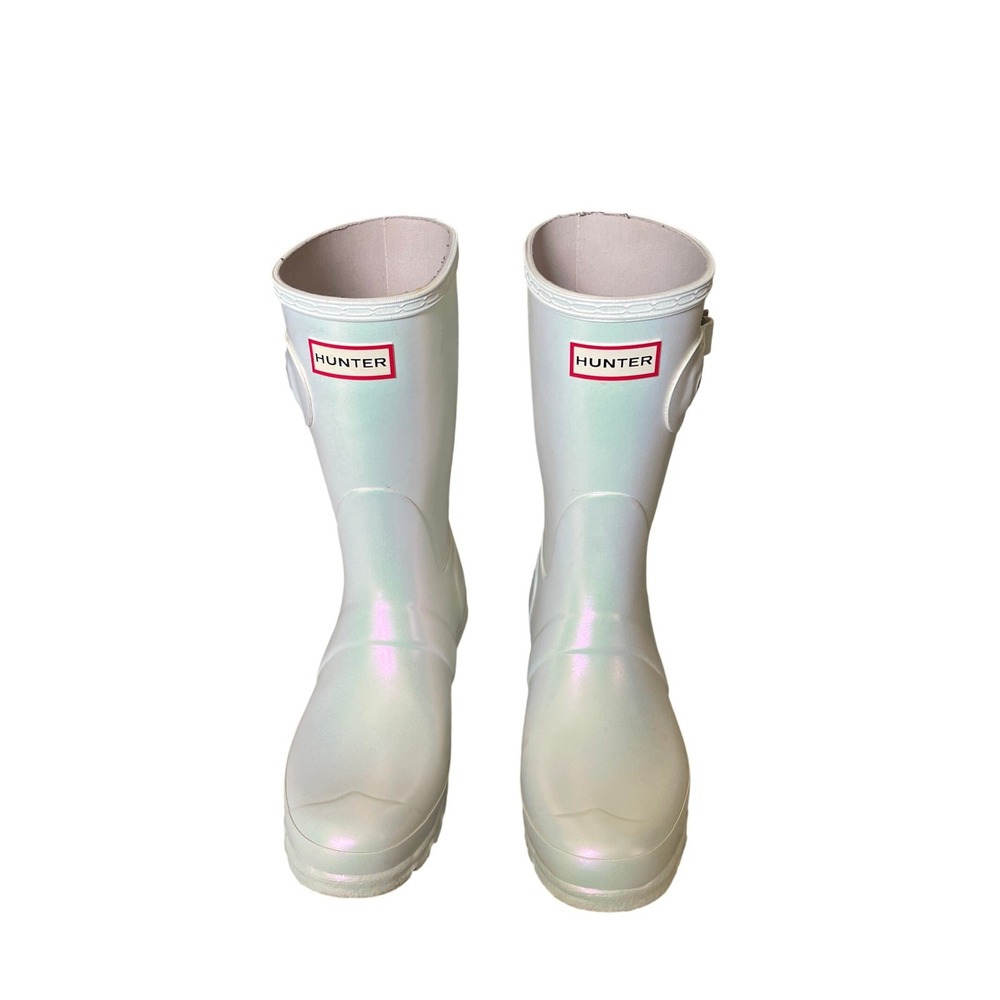 Hunter Original Short Nebula White Iridescent Rain Boots Size 9